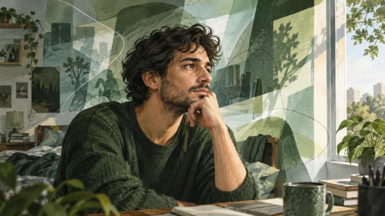 Ilustração de um homem junto à janela, cercado por planos translúcidos em tons de verde.