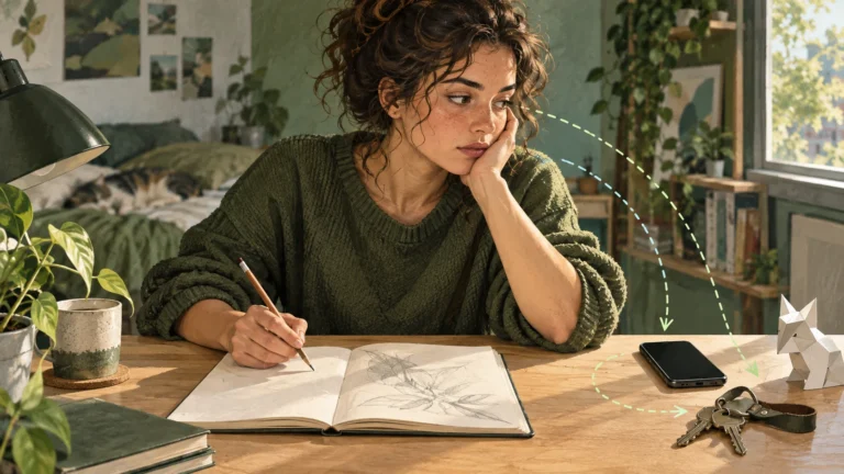 Ilustração de uma jovem com caderno de desenho, celular e chaves sobre a mesa, ligados por trajetórias de atenção.